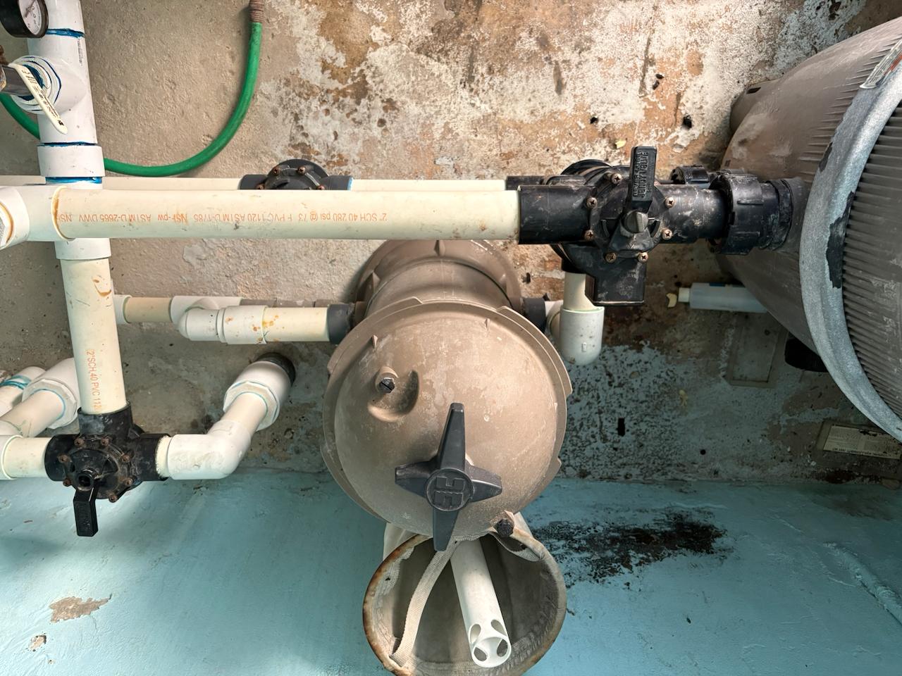 commercial-plant-room - Downtown Pools Commercial pool plant room with filter tank, pump and valve tree