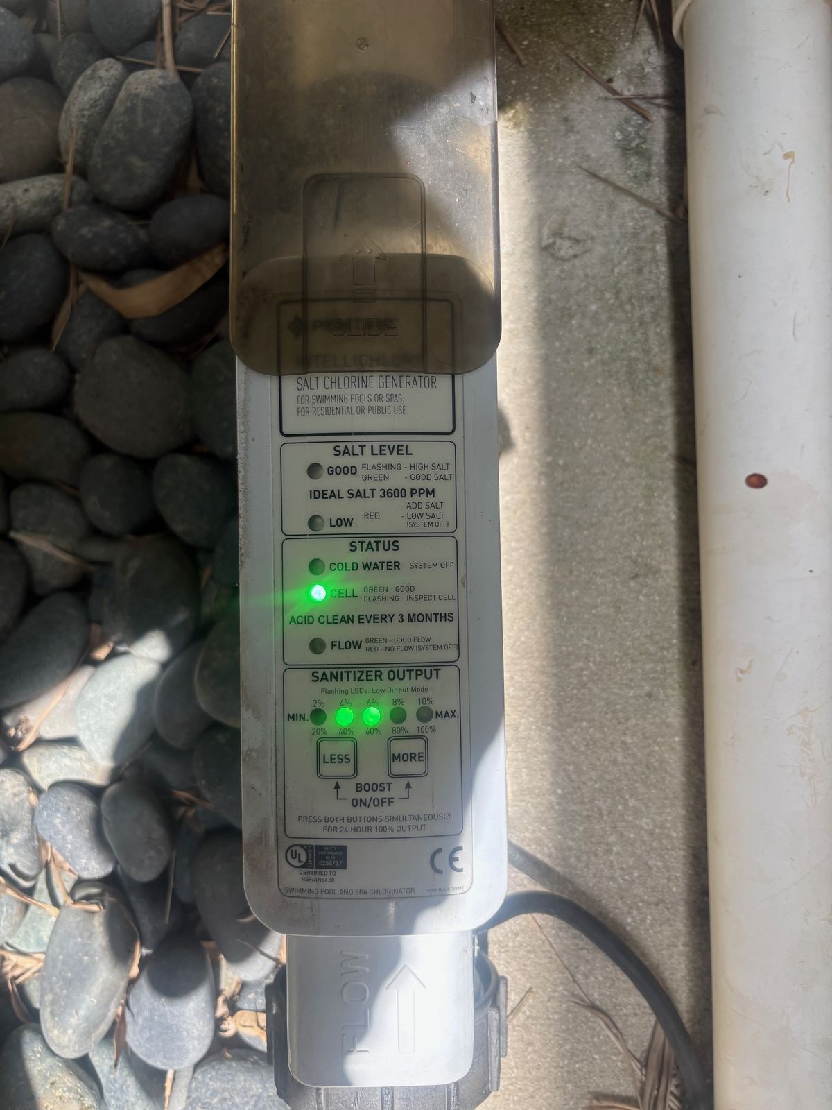 repair-salt-system - Downtown Pools Salt chlorine generator control panel showing cell output and status